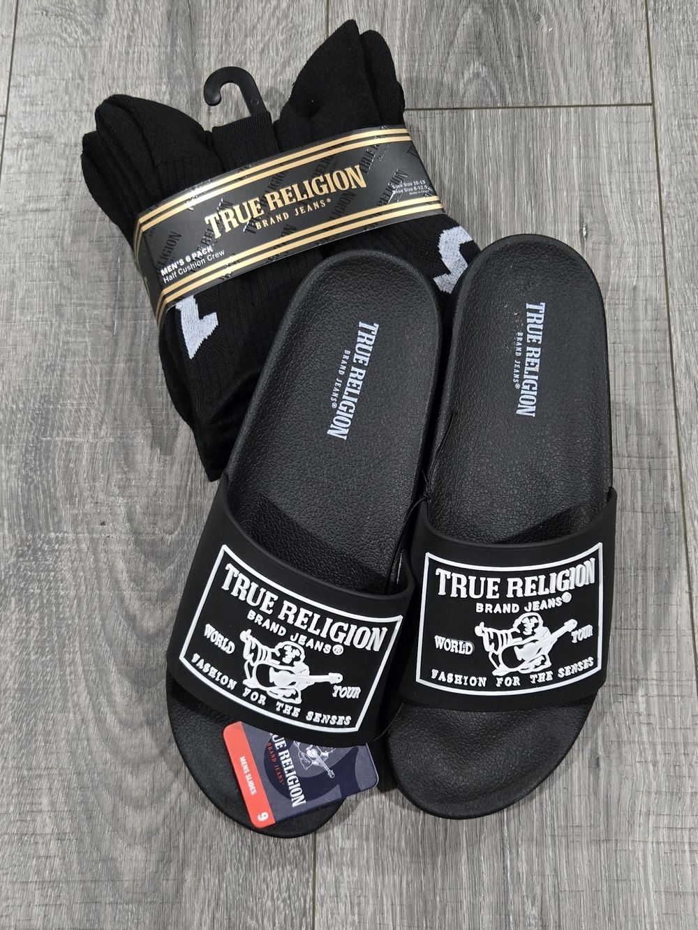 True Religion Black Logo Slide Sandals with Black Socks Bundle